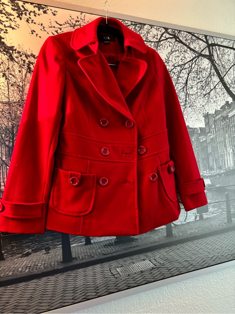XXI. Bright Red Double-Breasted Pea Coat